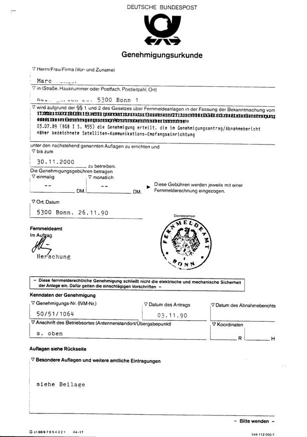 Genehmigungsurkunde der Deutschen Bundespost